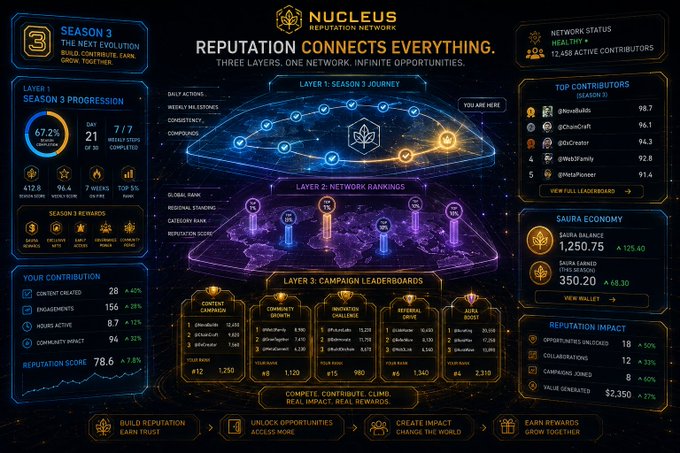 A "NUCLEUS REPUTATION NETWORK" dashboard for Season 3, titled "REPUTATION CONNECTS EVERYTHING," featuring progression layers, network rankings, campaign leaderboards, and user contribution stats like a reputation score of 78.6.