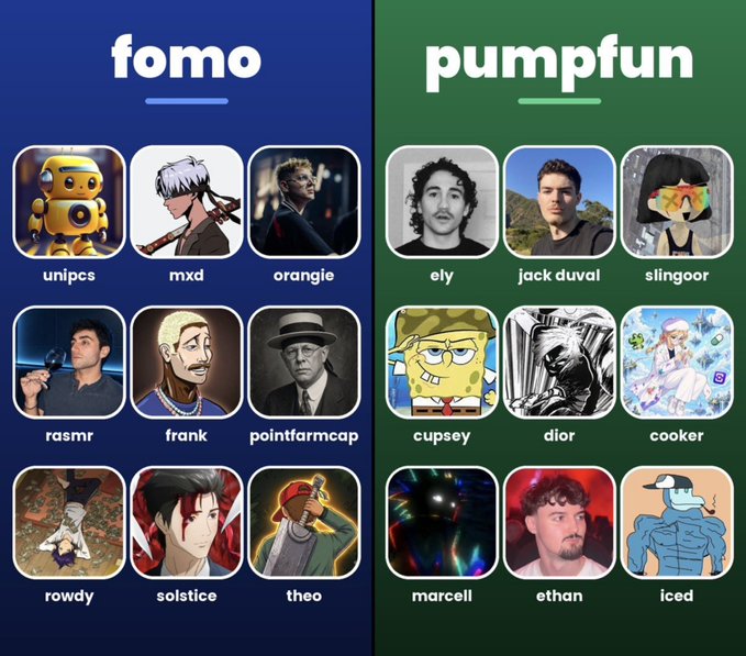 A comparison graphic titled 'fomo' vs 'pumpfun' showing a grid of artist avatars in two colored panels.