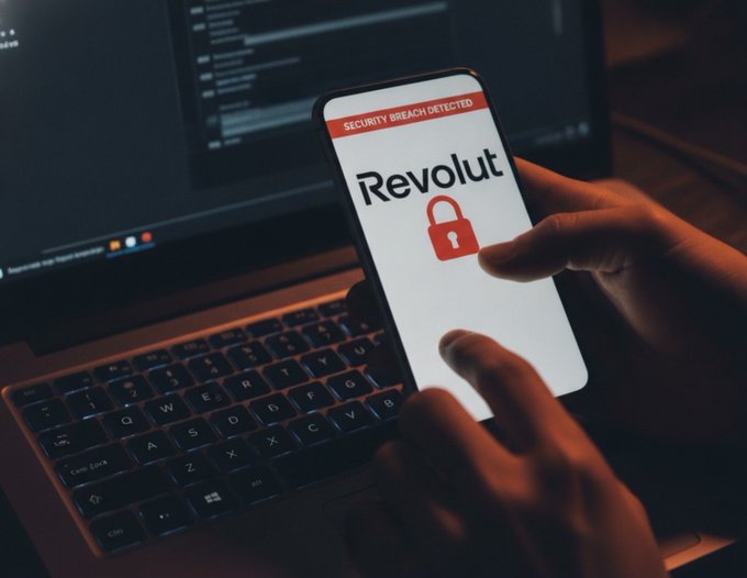 Hands holding a smartphone displaying a 'Revolut' app with a security breach alert and a red lock icon, with a laptop in the background.