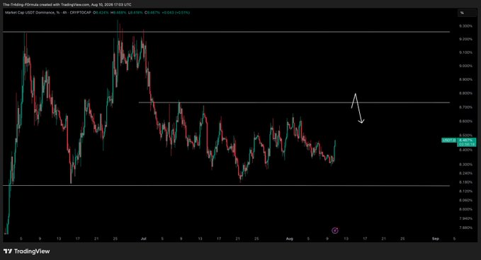 A TradingView chart of USDT.D dominance (USDT.D at 8.485%) shows price approaching a key resistance level near 8.90%, with an arrow indicating a potential rejection setup that the poster suggests could precede a strong Bitcoin pump.