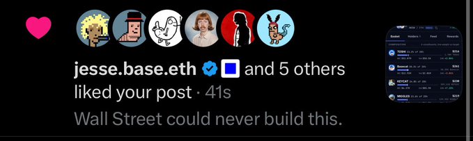 A social media notification shows that jesse.base.eth and 5 others liked a post stating 'Wall Street could never build this.' alongside a small stock portfolio widget.