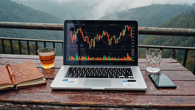 A laptop displaying a candlestick chart with green and red candles sits on a wooden table alongside a cup of tea, an empty glass, a leather journal, and a smartphone, all set against a scenic mountain backdrop. The scene captures the post's essence of peaceful market watching in solitude, while the screen relates to the post's mention of tracking Solana (ticker referenced as solana:D3CVUkqyXZKgVBdRD7XfuRxQXFKJ86474XyFZrqAbonk) trading activity at the 81k level.