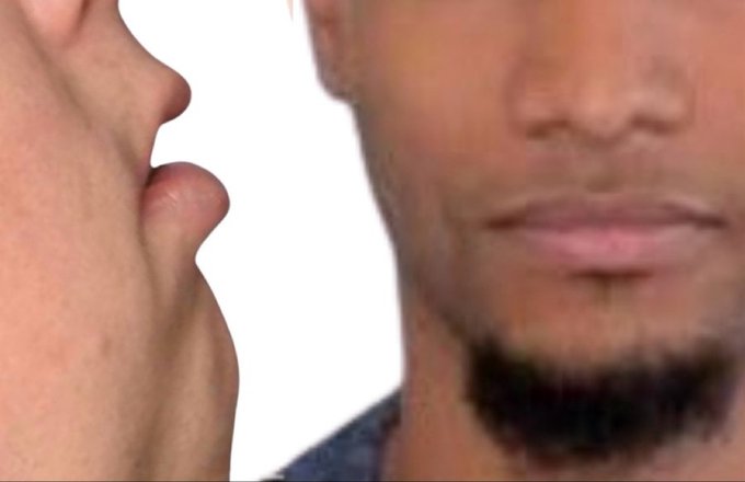 A split image showing a hand speaking into a walkie-talkie on the left and a man's face with a goatee on the right, against a white background.