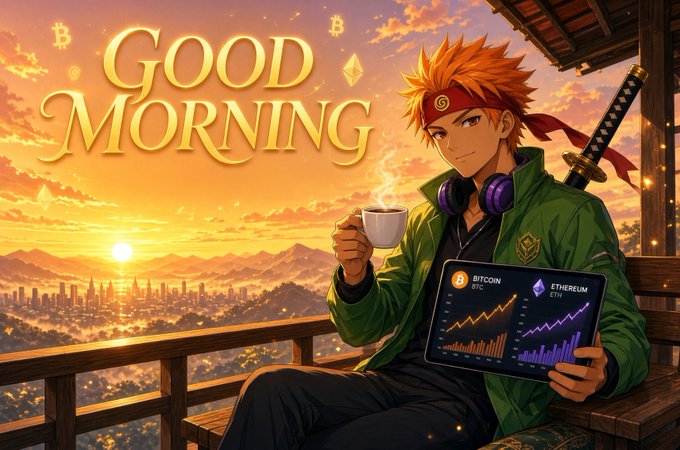 An anime-style 'Good Morning' graphic featuring a spiky-haired character drinking coffee while holding a tablet displaying Bitcoin and Ethereum price charts, with crypto symbols floating in a sunset sky.