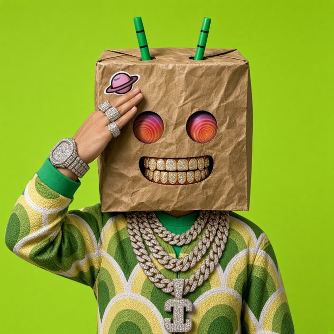 A person wearing a brown paper bag over their head decorated with a Saturn sticker, drawn eyes, and a diamond grill smiles while showing off multiple diamond rings, a diamond-encrusted watch, and a diamond chain with a 'TT' pendant on a green patterned outfit.