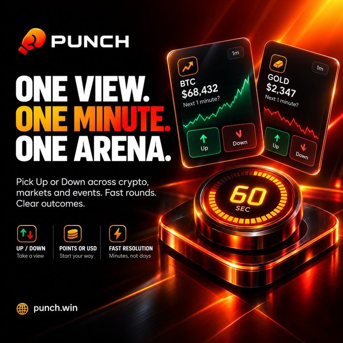 A promotional advertisement for 'PUNCH' at 'punch.win' features the tagline 'ONE VIEW. ONE MINUTE. ONE ARENA.' with graphics showing BTC at $68,432 and GOLD at $2,347 prediction interfaces, plus a 60-second countdown button.