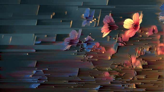 An abstract digital composition featuring pink and orange flowers blooming amidst horizontal glitch-like bands and fragmented digital artifacts.