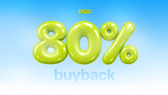 A bright green inflatable-style "80%" graphic with "LEGS" above and "buyback" below, set against a blue-to-white gradient background, suggesting a strong share buyback offering—likely tied to the post's mention of a $15 guaranteed acceptance maximum touch deal for the LEGS ticker.