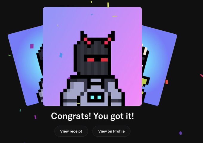 A pixel-art devil character with red horns and glowing eyes is displayed on a card with "Congrats! You got it!" text, accompanied by "View receipt" and "View on Profile" buttons, suggesting the user has successfully purchased a digital collectible from the project mentioned.