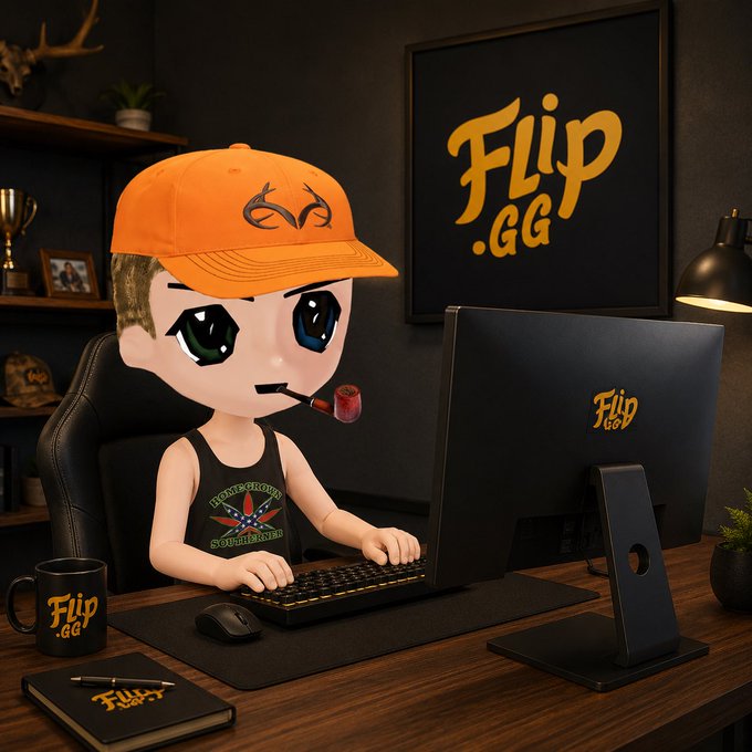 A cartoon chibi character wearing an orange cap at a gaming desk with a 'Flip.GG' branded monitor, mug, and framed wall logo.
