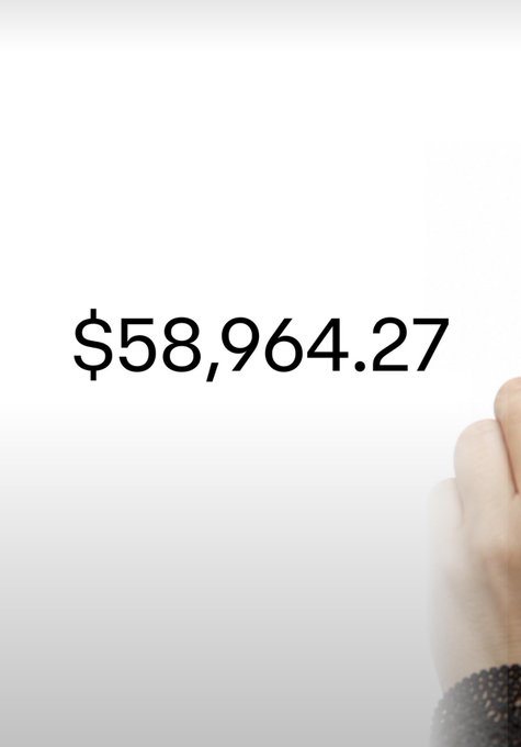An image showing the dollar amount '$58,964.27' in black text on a white background, with a hand wearing a beaded bracelet entering the frame from the right.