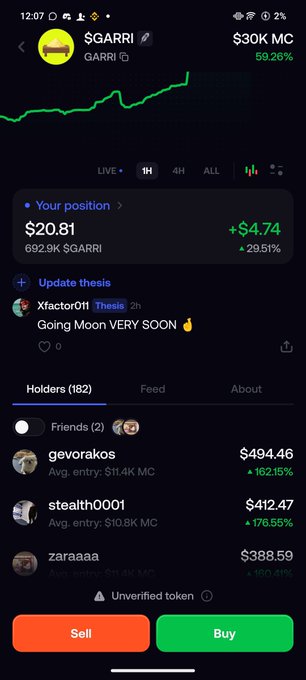 A screenshot of a crypto trading app showing the token "$GARRI" with a market cap of $30k, a position value of $20.81 (+$4.74), and a feed post from "Xfactor011" saying "Going Moon VERY SOON",