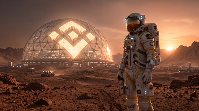 A digital artwork depicting an astronaut in a white suit standing on a rocky Martian landscape, with a glowing geodesic dome featuring a gold Binance (BNB) logo in the background.