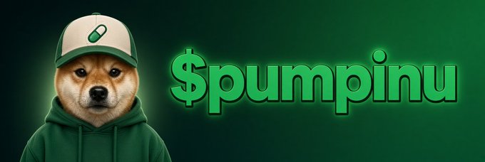 A Shiba Inu dog wearing a green and beige cap and hoodie next to the glowing green "$pumpinu" text on a dark green background, branding the $PUMPINU meme coin featured in the post.