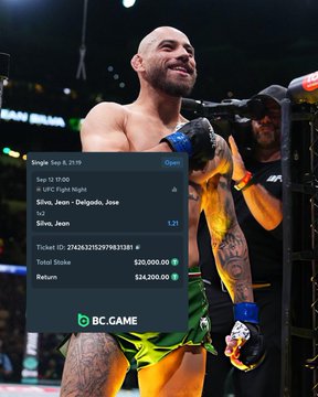 Mixed martial artist Alex Pereira in the ring after a fight, with an overlaid betting slip showing a winning parlay on UFC fights featuring "Silva, Jean - Delgado, Jose" and "Silva, Jean" for a total payout of $24,200.00 on BC.GAME.