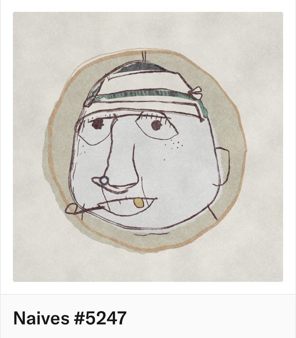 A naive-style hand-drawn portrait of a freckled figure with a headband and a cigarette, framed in a soft oval, is labeled "Naives #5247" and matches the post noting that the piece just sold for $291.