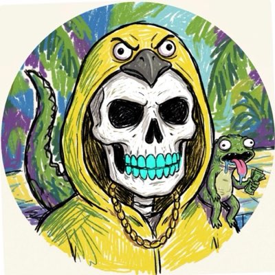 An illustration of a skull wearing a yellow hoodie and gold chain, with green grinning teeth, accompanied by a small green lizard against a tropical background.