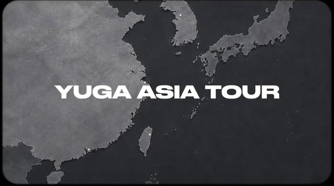 A dark graphic of a world map showing East Asia with the white text "YUGA ASIA TOUR" overlaid across the center.