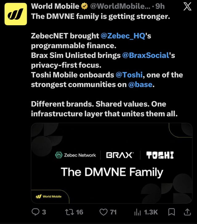 The image shows a Twitter post where someone is announcing that the Dnme Family has brought together ZebecNet, BraxSim Unlisted brings on to base @toshi. The post includes an image of a blue heart and text with an illustration of two birds flying over each other as symbols of unity between these companies. 
The Twitter post also mentions that Toshi is live and welcoming the next chapter in their partnership.