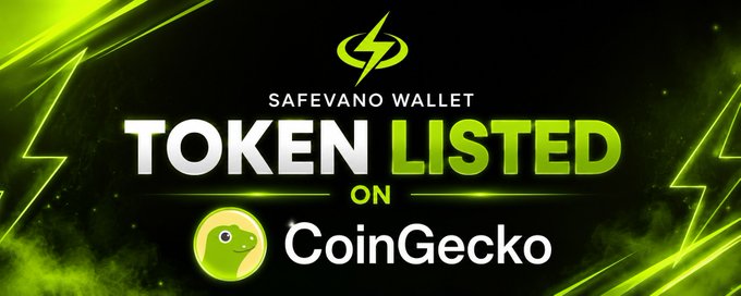 A promotional banner with a black and green lightning-themed design announces "SAFEVANO WALLET TOKEN LISTED ON CoinGecko," featuring the CoinGecko logo, celebrating the wallet's official listing on the popular cryptocurrency tracking platform.