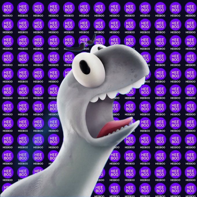 A cartoonish 3D creature with a wide, toothy grin is overlaid against a repeating purple background pattern containing 'HEE BOO' and 'HEEBOO' text.