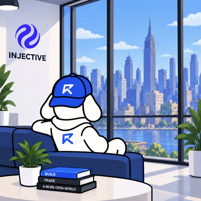 An illustration of a character wearing an 'R' cap sitting on a couch in a modern apartment with a city skyline view, featuring the 'INJECTIVE' logo and books titled 'BUILD', 'TRADE', and 'A MORE OPEN WORLD'.