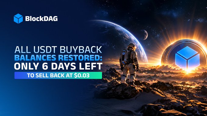 A BlockDAG promotional graphic featuring an alien landscape with an astronaut overlooking a planet and a glowing blue cube, paired with the text "ALL USDT BUYBACK BALANCES RESTORED: ONLY 6 DAYS LEFT TO SELL BACK AT $0.03" to announce the restoration of eligible buyback balances to user dashboards.