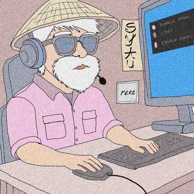 Illustration of an elderly man with white beard, straw hat, sunglasses, and headphones using a computer at a desk with Japanese text and 'rekt' sign.