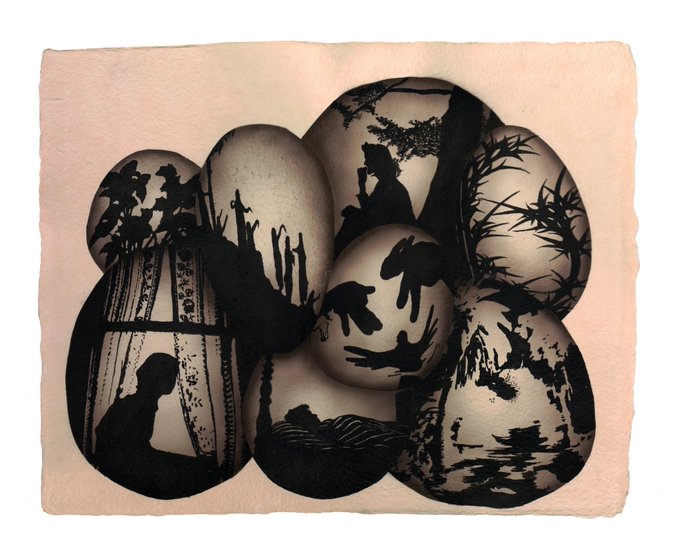 An artistic illustration features overlapping circular frames containing black silhouette scenes of nature, figures, and animals against a pink background.
