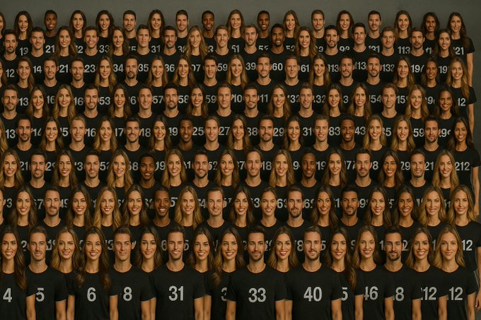 A grid of 212 diverse individuals wearing numbered black t-shirts (with numbers like 4, 5, 6, 31, 33, 40, 12, etc. visible), visually representing the post's "212 people, 212 answers" concept tied to a crypto-themed campaign tagged with @cryptocom and the NFT collection @LoadedLions_CDC.