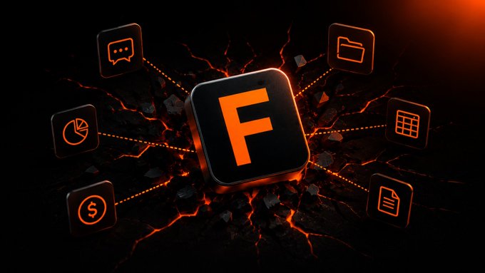 A 3D graphic showing a central block with the letter 'F' surrounded by smaller icons representing charts, a dollar sign, a folder, and documents, set against a cracked, fiery dark background.