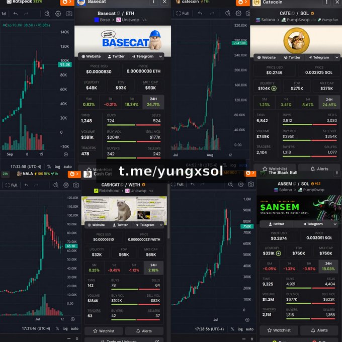 A grid of six cryptocurrency trading charts displays the meme tokens $BASECAT/ETH (93K market cap), $CATE/SOL (275K), $CASHCAT/WETH (65K), and $ANSEM/SOL (750K), alongside two additional charts for Rottspeak and catcoin, with a Telegram link "t.me/yungxsol" overlaid in the center. The image visually supports the claim by showing the entry market caps at which these tokens were called, highlighting the substantial multipliers (316x, 598x, 2678x, and 354x) achieved by each pick.