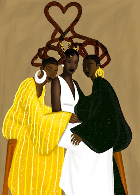 An artistic illustration depicts three Black women in flowing yellow, white, and dark green garments, with intertwined heart shapes above their heads.