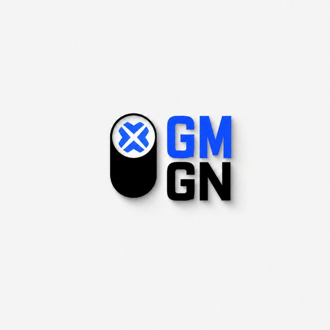A logo featuring a stylized pill or capsule shape containing a blue "X" alongside stacked blue and black letters spelling "GMGN" against a white background, serving as a visual representation of the crypto community greeting "Gm my fam."