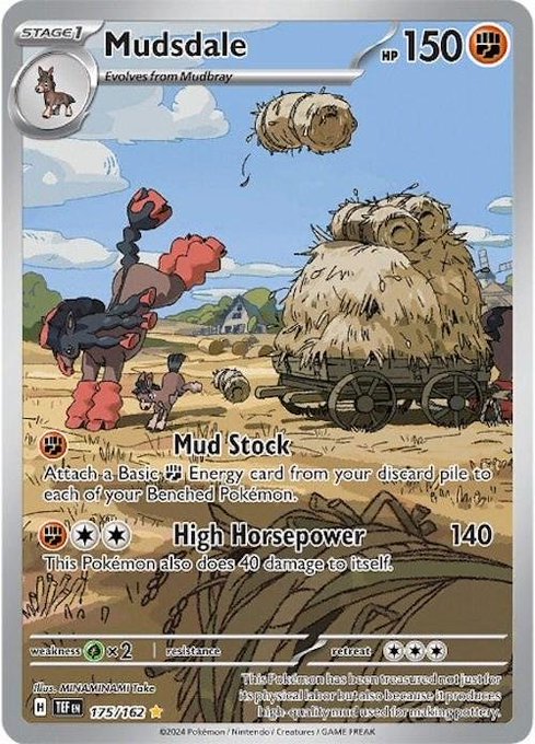 A Pokémon trading card for Mudsdale (Stage 1, 150 HP, card 175/162) featuring the attacks Mud Stock and High Horsepower, with artwork showing Mudsdale pulling a hay cart.