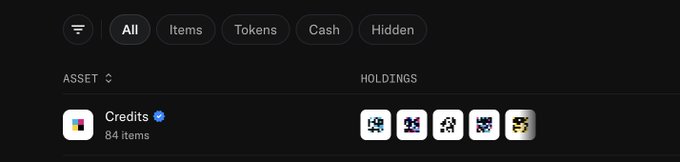 A digital wallet interface displays a "Credits" asset collection containing 84 NFT items, with five token icons shown under Holdings. The post references Jack Butcher's $BALANCE token launch, noting that many tokens will be locked in NFTs like those shown in this credits portfolio.