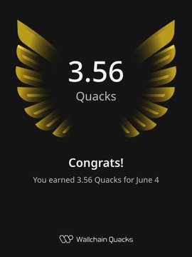 The image features an advertisement for Quacks, which is a cryptocurrency. The poster displays a gold bird's wing design with the text "Good Morning Those kinetic works Touching art much NFT landscape has changed a throwback the crypto space has come since ahead home Quacks @wallchain $River employs a fully-chain abstract stablecoin system, and its introduced @river4fun mechanism utilizes the". The poster is accompanied by a number of Quacks logos.