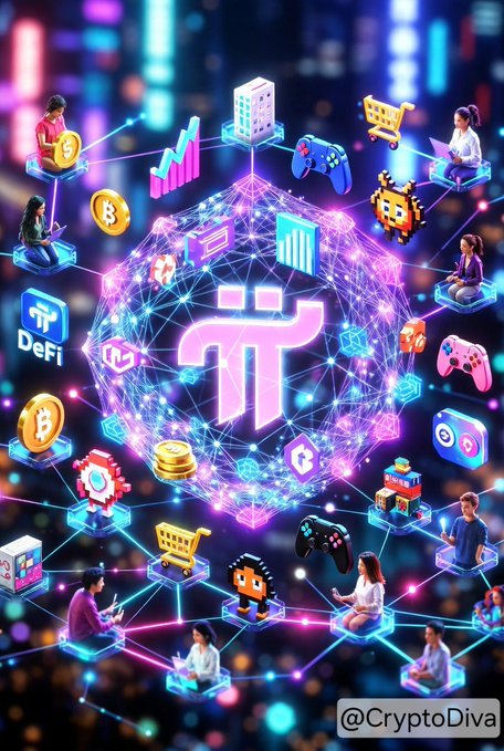 A vibrant digital illustration featuring a central Pi cryptocurrency logo surrounded by a network of people, gaming icons, shopping carts, Bitcoin coins, and DeFi symbols, credited to @CryptoDiva.