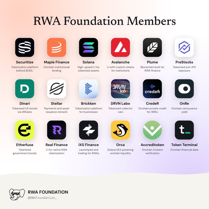 An infographic titled 'RWA Foundation Members' displaying logos and descriptions for 18 member companies including Securitize, Maple Finance, Solana, and Avalanche, with the handle '@RWAFoundation_' at the bottom.