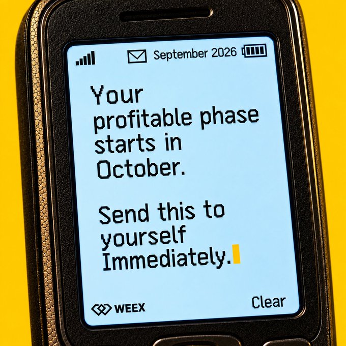 A digital flip phone-style screen on a yellow background displaying the text 'September 2026' and a message: 'Your profitable phase starts in October. Send this to yourself Immediately.'