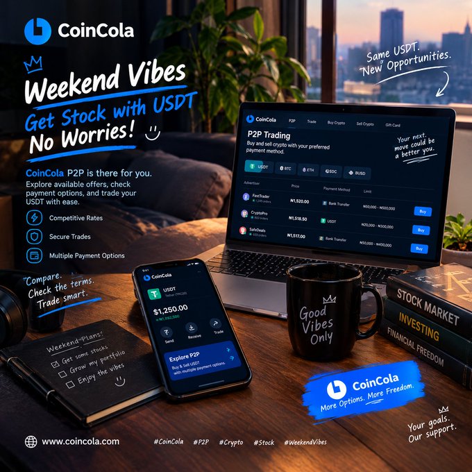 A CoinCola promotional advertisement promoting 'Weekend Vibes' P2P USDT trading, showing a laptop and smartphone displaying the app interface alongside a 'Good Vibes Only' coffee mug.