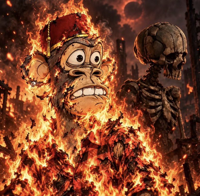 The image features a distressed, flame-engulfed cartoon ape wearing a red fez alongside a skeleton set against an apocalyptic backdrop of fire and ruined buildings. It serves as a striking visual metaphor for the post's story of an NFT collector sending Bored Ape #5085 to a "Burn Wallet," depicting the digital artwork as being destroyed or sacrificed.