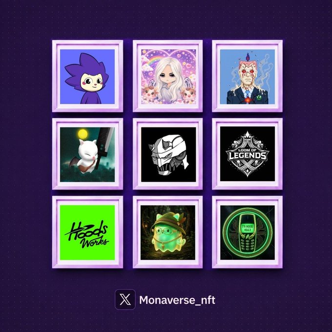 A digital promotional graphic displaying a 3x3 grid of framed NFT artwork pieces against a purple background, with the text "Monaverse_nft" and the X logo at the bottom.
