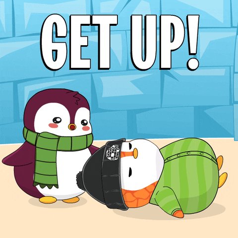 The image features two cartoon penguins sitting next to each other on a beach. One of them has its head resting on the other's back, creating an endearing scene. The text "Get up!" is written above the penguin with its head on the other's back, suggesting that it wants to wake up and start their day. The image also includes a caption about Web3 and how it is quietly gaining momentum in the ecosystem.