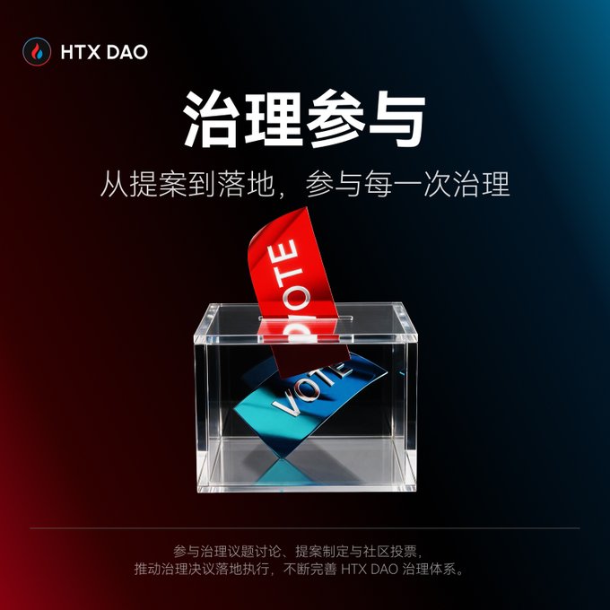 A promotional graphic for HTX DAO with Chinese text '治理参与' (Governance Participation) and '从提案到落地，参与每一次治理' (From proposal to implementation, participate in every governance), featuring a transparent ballot box with red and blue 'VOTE' papers.