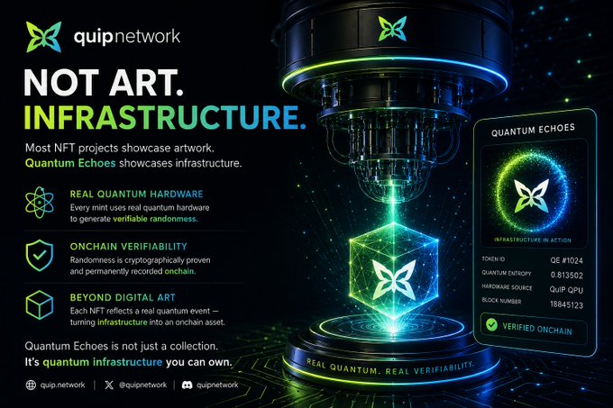 The image features an advertisement for Quip Network that showcases their latest project, Quantum Echoes. The poster displays a 3D rendering of a butterfly emerging from a green cube, surrounded by blue and purple lights. The text at the bottom of the poster highlights the project's focus on real-time verifiable randomness using NFT traits, which is showcased through the use of real quantum hardware.