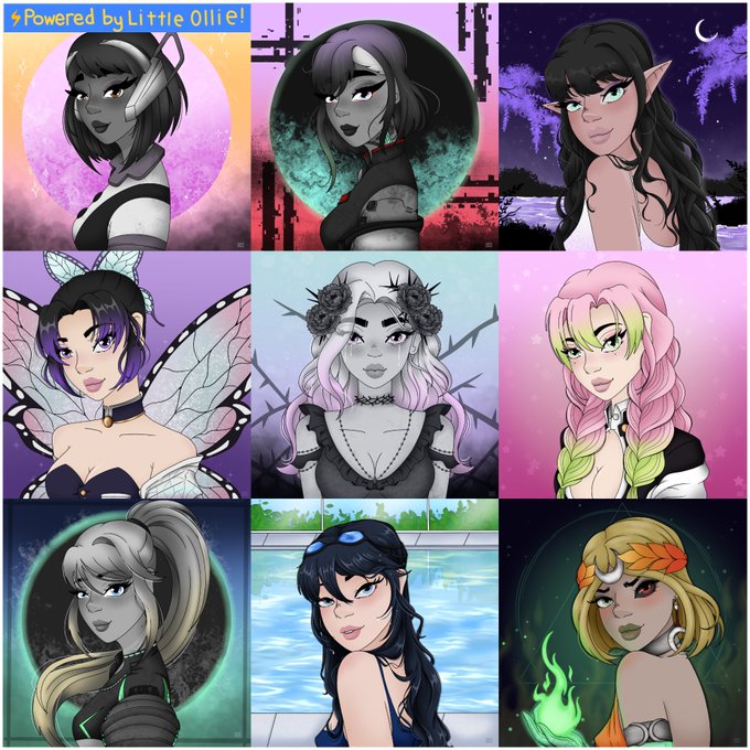 A 3x3 grid of nine anime-style female character portraits with various hair colors and accessories, labeled '* Powered by Little Ollie!' in the top left.