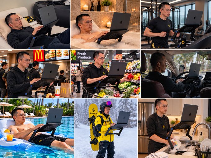 A man is shown using a laptop mounted on a portable stand in various settings including a bubble bath, bed, gym, McDonald's, grocery store, car, pool, snowy mountain in a Binance winter jacket, and kitchen—visually demonstrating the meme's "24/7" lifestyle of nonstop laptop use.