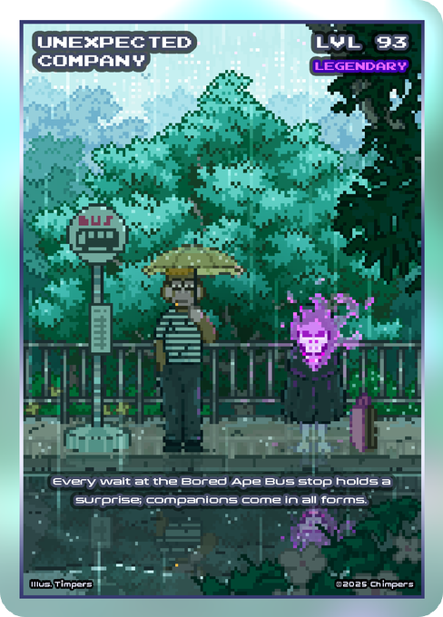A pixel art trading card titled 'UNEXPECTED COMPANY' (Legendary, Level 93) showing an ape character with a parasol and a purple ghost-like figure at a 'Bored Ape Bus' stop in the rain, signed by Illus_Timpers and ©2025 Chimpers.
