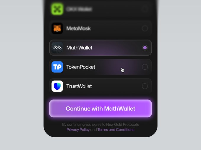 A mobile wallet selection screen showing options including OKX Wallet, MetaMask, MathWallet (selected), TokenPocket, and TrustWallet, with a purple 'Continue with MathWallet' button and a disclaimer about New Gold Protocol's Privacy Policy and Terms and Conditions.